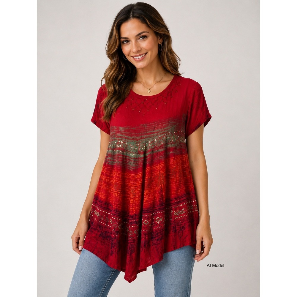 Boho Festival Tunic Topā Womens One Size Red Orange Handkerchief Hem Oversize
